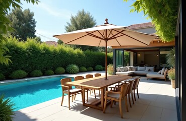 Modern outdoor patio scene features wooden dining table with chairs shaded by large umbrella. Adjacent bright blue swimming pool surrounded by rich green manicured hedges, plants. Comfortable outdoor
