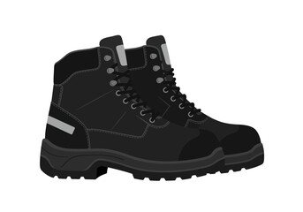 A pair of black laceup hightop work boots with reflective accents