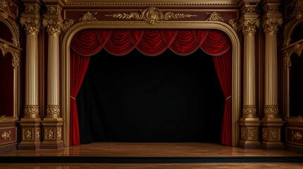 Elegant red velvet theater curtains framing a dark stage with ornate golden proscenium arch and wooden floorboards