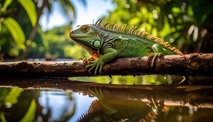 Fototapeta premium Green iguana hides among verdant leaves
