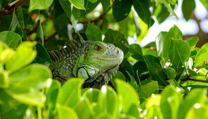 Obraz premium Green iguana nestled among lush foliage