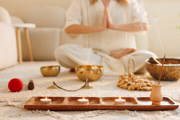 Meditation Ritual at Home with Candles Incense and Singing Bowls for Mindfulness and Relaxation