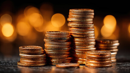 Stacked coins glowing warmly with soft bokeh effect evoke feelings of financial success and growth