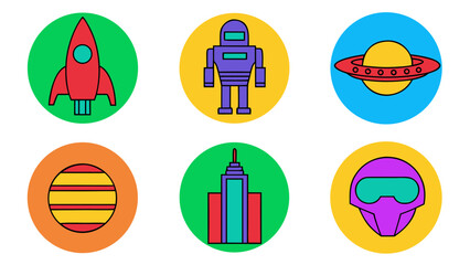 Retro sci fi icons featuring rocket robot spaceship planet building and helmet