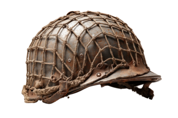Rusty, weathered steel helmet with a protective net
