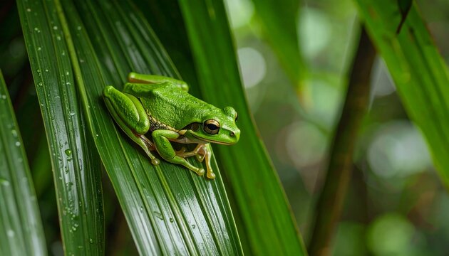 Green tree frog resting on dewy leaf