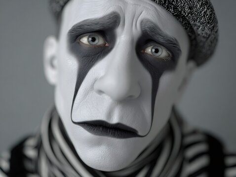 Pensive mime performer wearing white theatrical makeup and woolen cap, embodying profound sadness with delicate facial expression