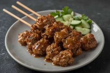 Delicious chicken satay skewers with peanut sauce and cucumber