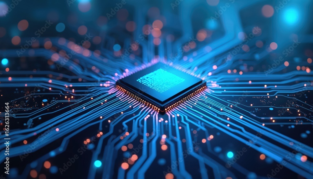 Aufkleber close-up digital illustration of glowing blue microchip with intricate circuitry, orange lights. rep