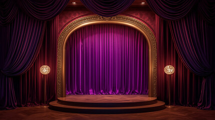 Elegant theater stage with plush purple curtains and ornate golden proscenium arch illuminated by soft lighting