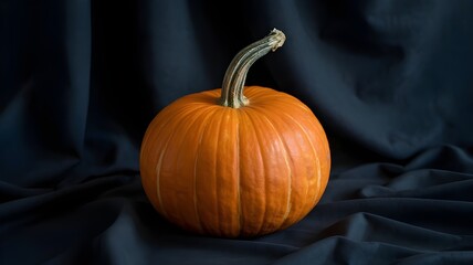 A single, perfectly formed orange pumpkin with a textured stem, isolated against a dark, moody background for a simple, elegant presentation