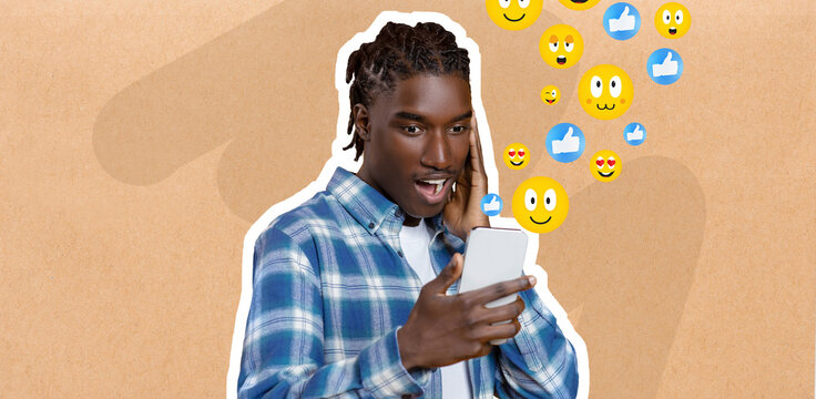 A young African American man with braided hair smiles as he texts friends using his smartphone. Colorful social media icons float around him, reflecting the joy of communication via messaging apps.