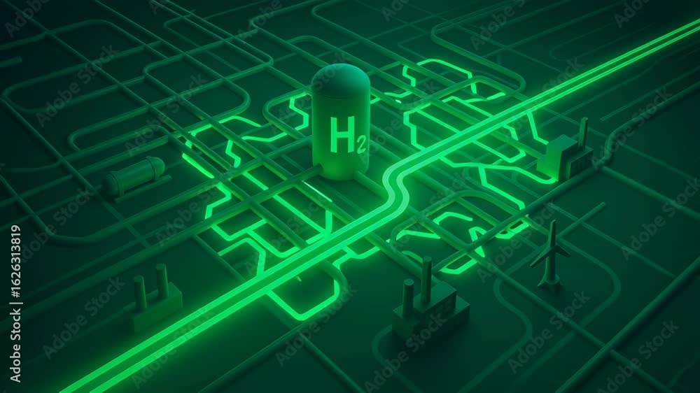 Poster green hydrogen pipeline flows through industrial factory network with advanced technology powering s