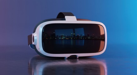 Virtual Reality Headset Displaying Futuristic Cityscape Technology for Immersive Gaming and Digital Experience Innovation in Virtual Worlds