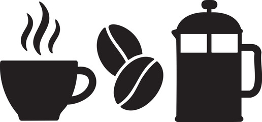 Essential Coffee Icons: Cup, Beans, and French Press Silhouette