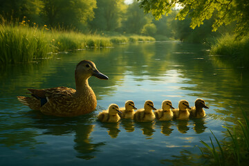 Adorable mother duck leads fluffy ducklings in serene natural river setting