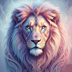 Majestic lion with vibrant rainbow mane and intense gaze