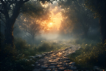 Naklejka premium Winding stone trail through Misty Forest at Sunrise