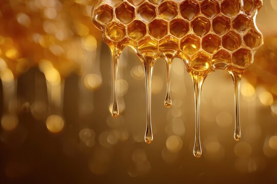 Honeycomb dripping honey, close-up, golden bokeh background, food photography