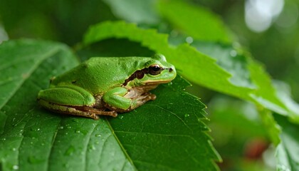 Naklejka premium Vibrant green tree frog on leaf