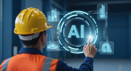 Industrial worker in hard hat interacts with advanced ai interface displaying futuristic technology and data analytics