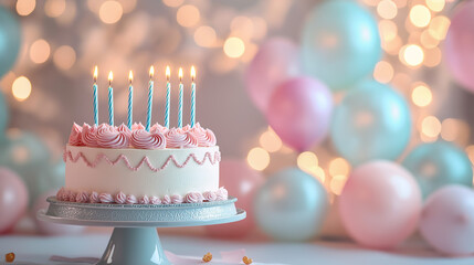 Festive birthday cake with lit candles and celebratory balloons creates a joyful party atmosphere