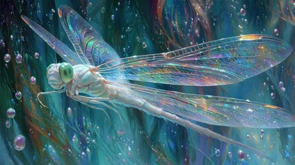 A vibrant, iridescent dragonfly floats among swirling, abstract patterns and colorful bubbles