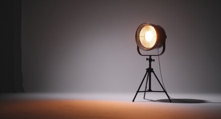 Vintage studio spotlight on a tripod stand casting warm light in a minimal, empty room with soft shadows.