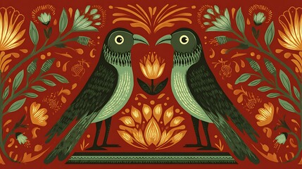 Naklejka premium Decorative Birds and Floral Elements on Red Background