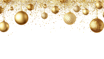 Gold Christmas ornaments and confetti on a transparent background