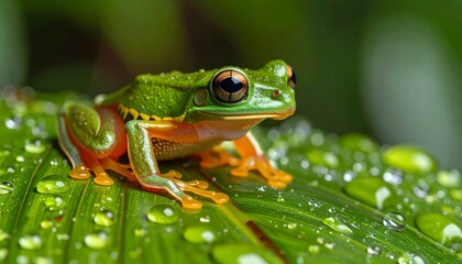 Obraz premium Glass frog perched on leaf with dew