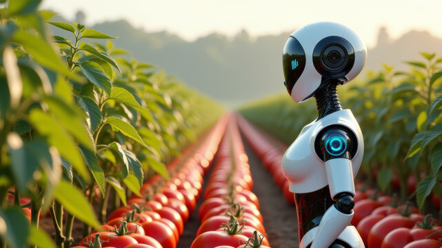 Robot examining tomatoes in hydroponic greenhouse using AI smart sensors and cameras