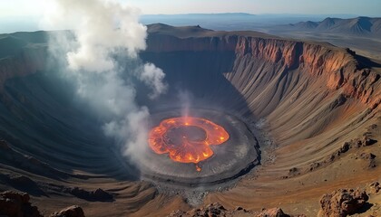 Massive volcano crater displaying geothermal activity with glowing lava flow, fumaroles. Steep, textured walls surround molten earth. Aerial perspective vast arid landscape under clear daytime sky.