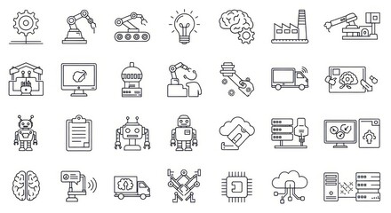 Collection of hand drawn outline icons representing various concepts and objects in a modern infographic style
