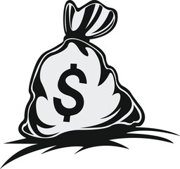 Vector Money Bag with Dollar Sign - Black and White Finance Symbol - Vector Illustration