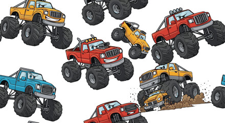 Create a kinds of deferent Monster trucks comic style vector seamless pattern. For apparel prints and other uses. vector art with white background. © al