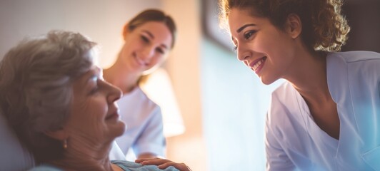 Young doctor and nurse caring for elderly patient in bright hospital room with compassionate interaction