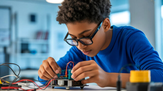 Young student intently works on an intricate electronic circuit board with colorful wires in a modern classroom setting