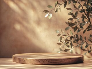 pixel perfect picture of Wooden product display podium with blurred nature background. high detail 8k