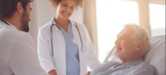 Obraz premium Young doctor and nurse caring for elderly patient in bright hospital room with compassionate interaction