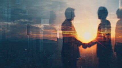 Businesspeople Handshake At Sunset City Skyline