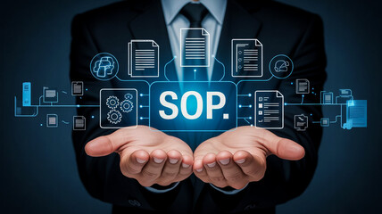 Professional presenting a glowing digital interface displaying sop and various document icons representing standardized operating procedures