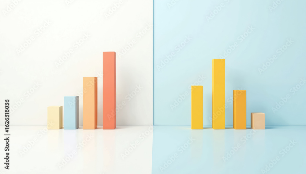 Poster two sets of three dimensional bar charts. one set shows ascending bars in light colors, shows bars i