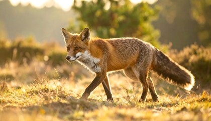 Red Fox Strolling Through Golden Meadow at Sunset, Backlit by Warm Light