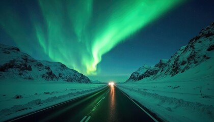Emerald aurora borealis illuminates snow-covered road through dark arctic landscape. Mountains flank the journey. Car headlights pierce night. Witness celestial dance in polar region.