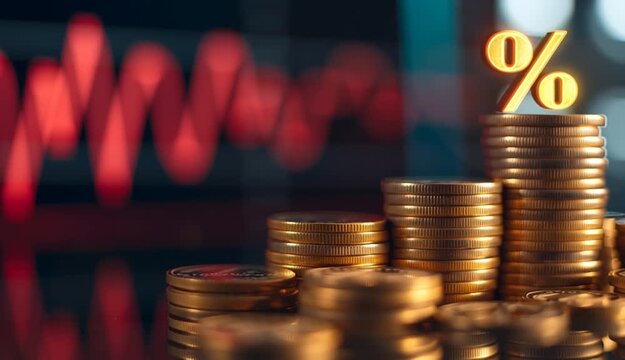 Stack of golden coins with glowing percentage symbol on top, financial growth concept, blurred stock market chart in background, interest rates and investment returns, golden metallic coins arranged i - Powered by Adobe