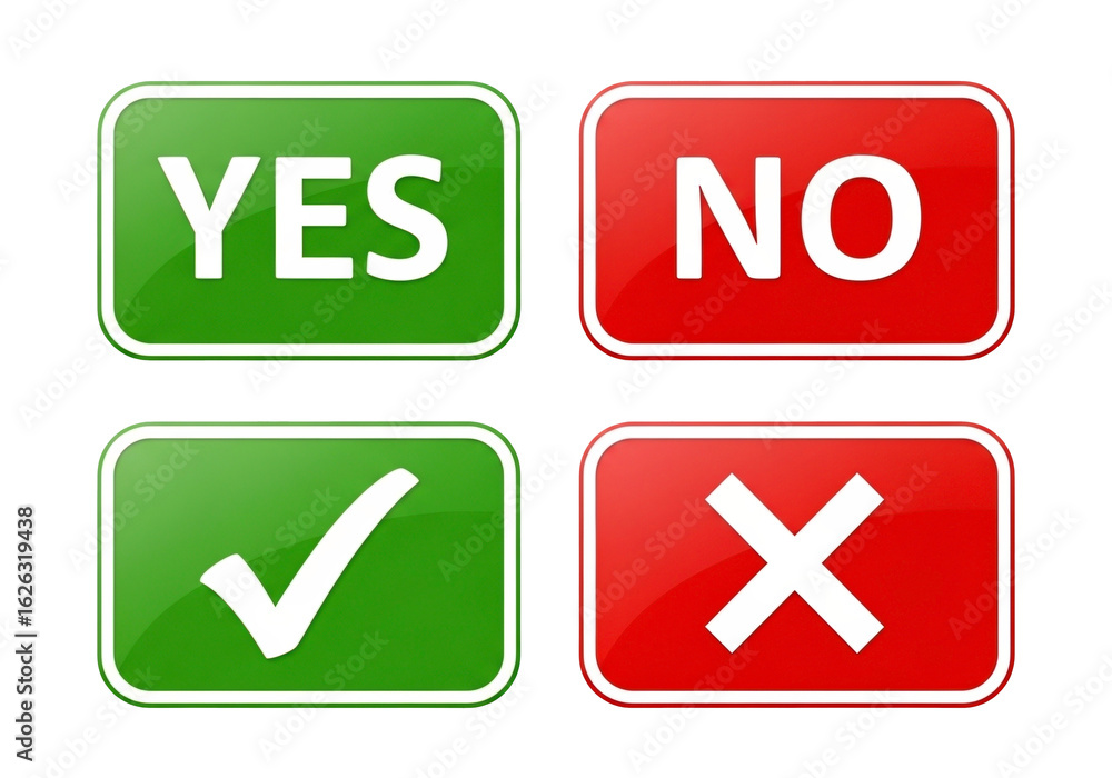 Poster four glossy rounded square buttons displaying yes and no text with a green checkmark and a red cross