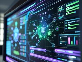 The technology dashboard displays interactive statistical data and AI-based global connectivity in a modern digital environment.