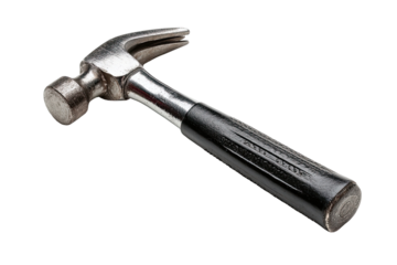 Close-up of a claw hammer.  Metal head, black handle.  Tool