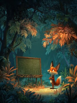 Cartoon Fox teaching vine-leaf chalkboard in enchanted forest 